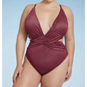 Shade & Shore -  Women's Plunge Deep V Neck One Piece Burgundy Sz 14 NWT